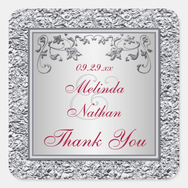 Adesivo Quadrado Red, Silver FAUX Foil Floral Weding Favor Sticker (Frente)