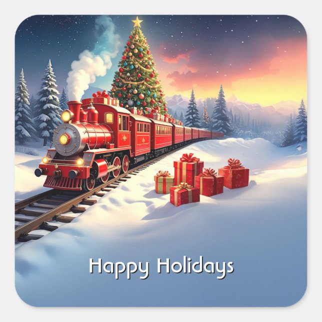 Adesivo Quadrado Red Train Christmas Tree Holiday Sticker (Frente)