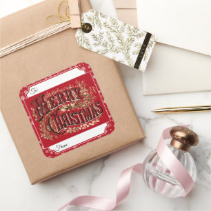 Adesivo Quadrado Red Vintage Merry Christmas Gift Label Stickers