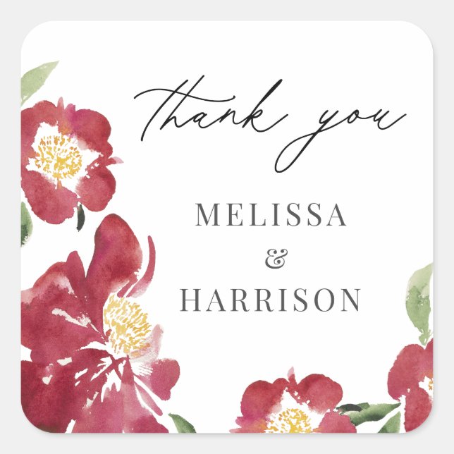 Adesivo Quadrado Red Watercolor Peony Casamento Obrigado (Frente)