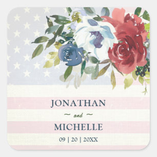 Adesivo Quadrado Red White Blue Floral USA Flag Casamento Watercolo