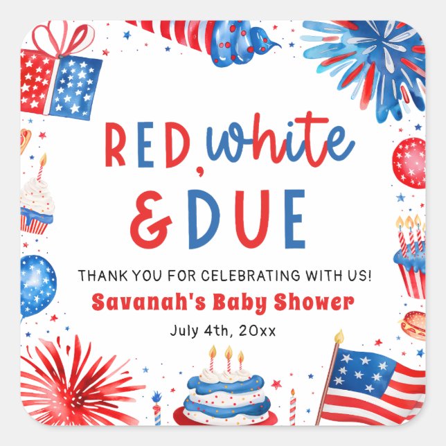 Adesivo Quadrado Red, White & Due Gender Neutral Baby Shower (Frente)