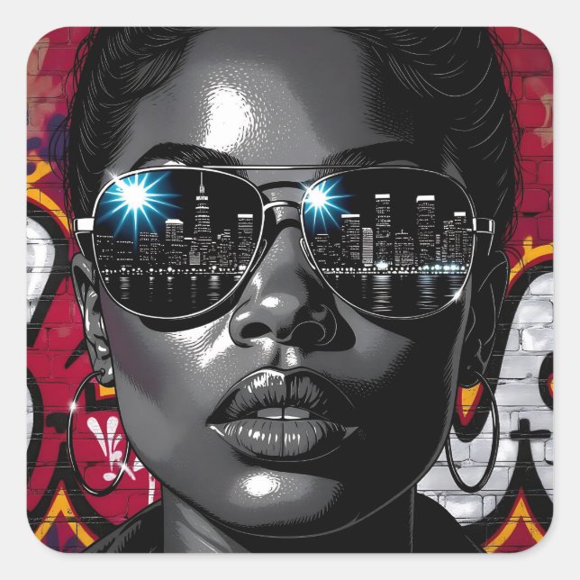 Adesivo Quadrado Reflection in Sunglasses of the City Skyline (Frente)