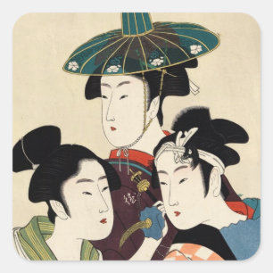 Adesivo Quadrado Refrigere a arte japonesa da gueixa da senhora do