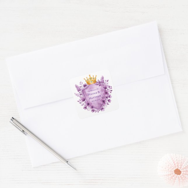 Adesivo Quadrado Regal Purple Floral Crest Casamento (Envelope)