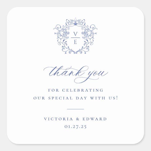 Adesivo Quadrado Regency Blue Crest Monograma Casamento Obrigado (Frente)