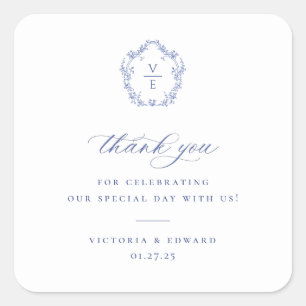 Adesivo Quadrado Regency Blue Crest Monograma Casamento Obrigado