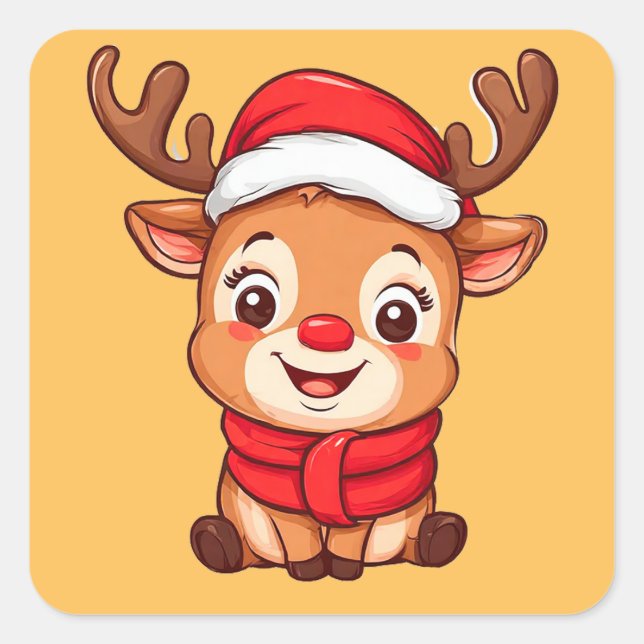 Adesivo Quadrado Reindeer de Cartoon Adorável em Santa Hat (Frente)
