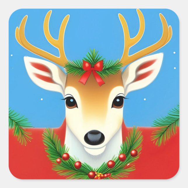 Adesivo Quadrado Reindeer Festivo com Foliday Wreath (Frente)