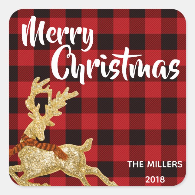 Adesivo Quadrado Reindeer Glitter Dourado Feriado de Natal (Frente)