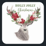 Adesivo Quadrado Reindeer, Poinsettia Christmas<br><div class="desc">Este design apresenta uma ilustração da cabeça de Reindeer com poinsettias de Natal,  branchlets de pínus e pinheiros cones.</div>