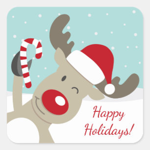 Adesivo Quadrado Reindeer Rudolph nariz vermelho no chapéu de Santa