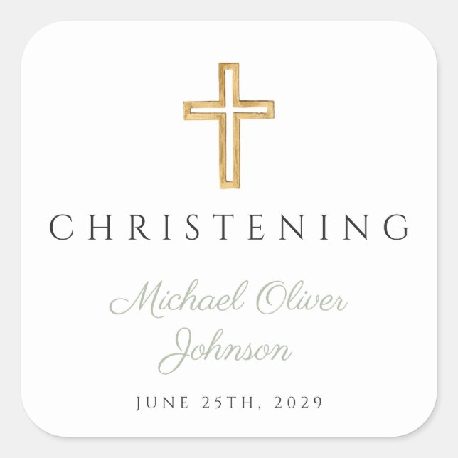 Adesivo Quadrado Religião Sage Green Wood Cross Christening (Frente)