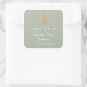 Adesivo Quadrado Religião Sage Green Wood Cross Christening