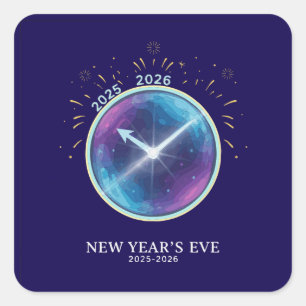 Adesivo Quadrado Relógio Celestial Vibrante Festa de Ano Novo 2026