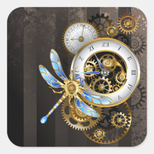 Adesivo Quadrado Relógio Steampunk com Dragonfly Mecânica