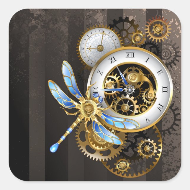 Adesivo Quadrado Relógio Steampunk com Dragonfly Mecânica (Frente)