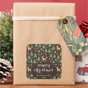 Adesivo Quadrado Rena de Aquarela & Árvore de Natal -