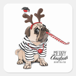 Adesivo Quadrado Rena do Pug do Feliz Natal