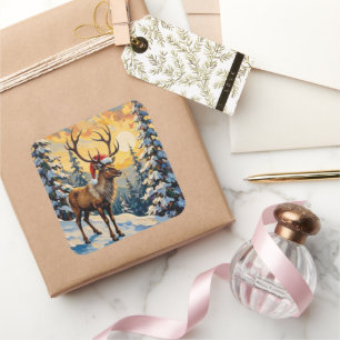 Adesivo Quadrado Rena vintage com chapéu de Papai Noel na floresta