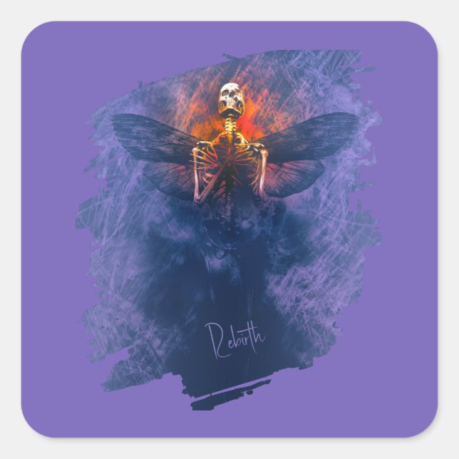 Adesivo Quadrado Renascimento. Esqueleto com asas ascensões (Frente)