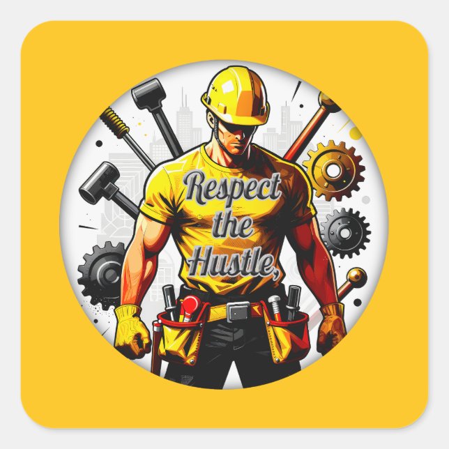 Adesivo Quadrado Respect the Hustle Construction Worker Design – La (Frente)