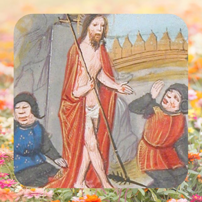 Adesivo Quadrado Ressurreição Católica Medieval Páscoa de Jesus Cri (Easter Medieval Religious Christian Catholic Resurrection Jesus Christ is risen Square Sticker)