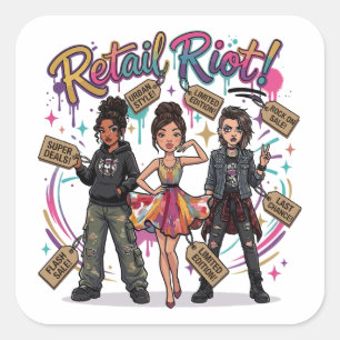 Adesivo Quadrado Retail Riot – Trio de Moda Urbana, Glam e Grunge