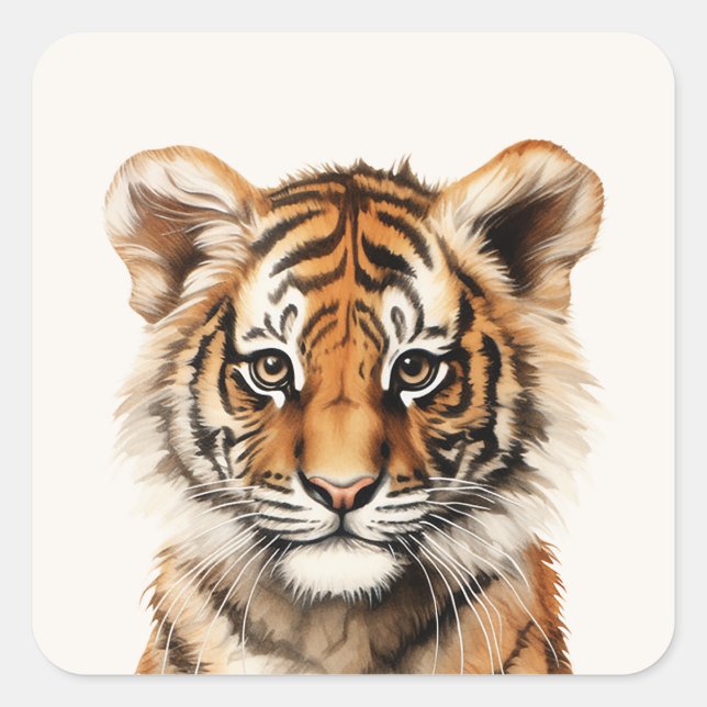 Adesivo Quadrado Retrato de Aquarela de um Pequeno Tigre (Frente)