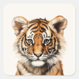 Adesivo Quadrado Retrato de Aquarela de um Pequeno Tigre
