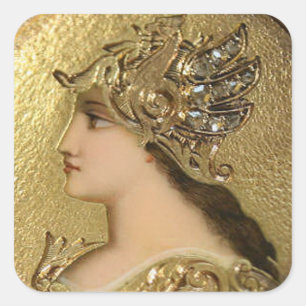 ADESIVO QUADRADO RETRATO DE ATENA COM HELMET DE OURO E GRIFFINS