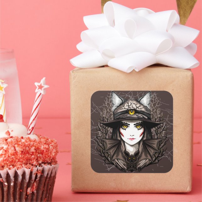 Adesivo Quadrado Retrato de bruxas e bonitinho de Halloween (Festa)