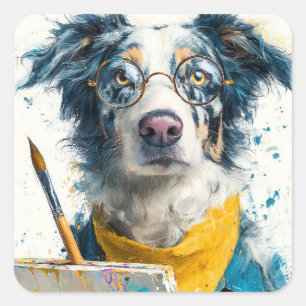 Adesivo Quadrado Retrato de Cão Pintor Artístico