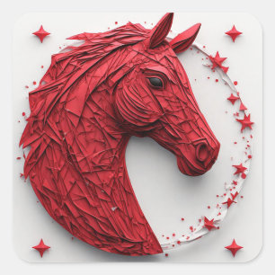 Adesivo Quadrado Retrato de Cavalo Geométrico em Vermelho e Branco