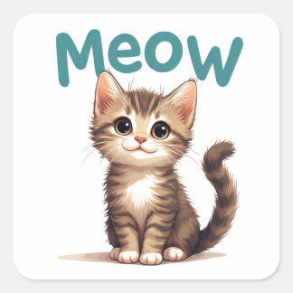 Adesivo Quadrado Retrato de Gatinho Meow Fofo Para Amantes de Gatos