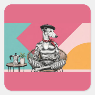 Adesivo Quadrado Retrato de Greyhound em Pop Art tomando Café Cinza