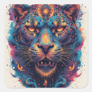 Adesivo Quadrado Retrato de Leopardo Cósmico Com Efeito Místico