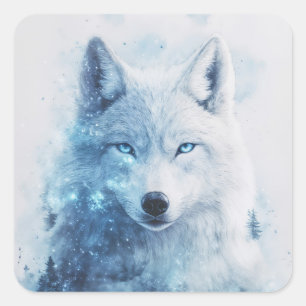 Adesivo Quadrado Retrato de Lobo Branco com Olhos Azuis Penetrantes