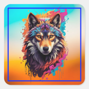 Adesivo Quadrado Retrato de Lobo Colorido Arte Abstrata de Animal-8