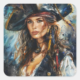 Adesivo Quadrado Retrato de Mulher Pirata em Aquarela