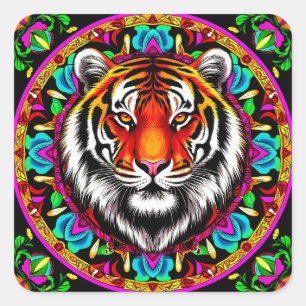 Adesivo Quadrado Retrato de Tigre com Desenho de Mandala