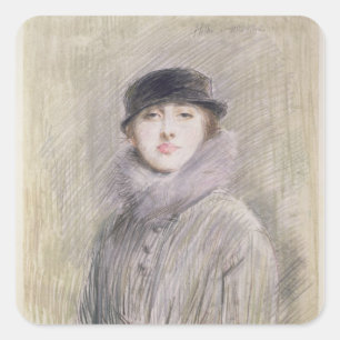 Adesivo Quadrado Retrato de uma senhora com um colar e um Muff da
