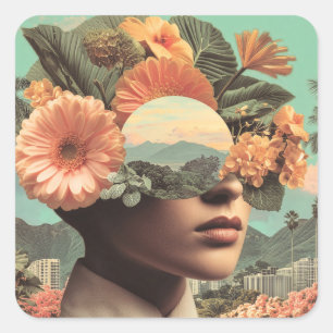 Adesivo Quadrado Retrato Feminino Surrealista com Elementos Florais