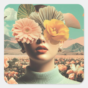 Adesivo Quadrado Retrato Feminino Surrealista Com Flores Cobrindo o