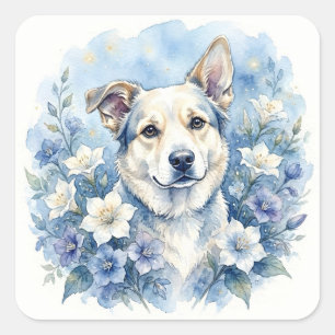 Adesivo Quadrado Retrato Floral Botânico de Cachorro em Aquarela