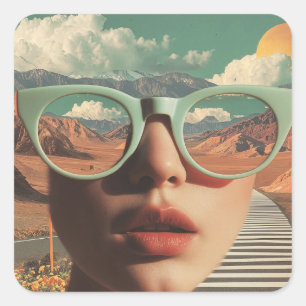 Adesivo Quadrado Retrato Surreal com Óculos Refletindo Deserto