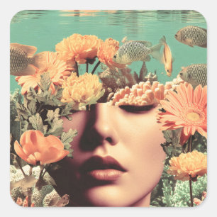 Adesivo Quadrado Retrato Surrealista Subaquático Com Flores de Cora