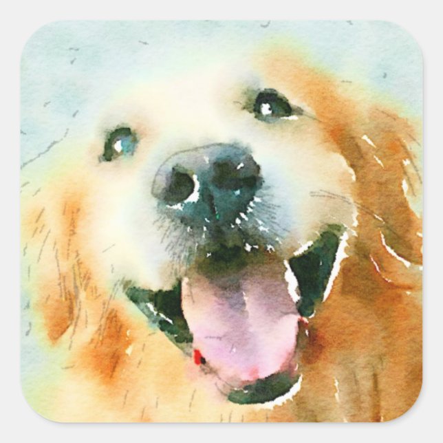 Adesivo Quadrado Retriever de Ouro Sorridente em Aquarela (Frente)