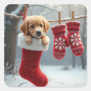 Adesivo Quadrado Retriever Ouro de Natal em um Stocks