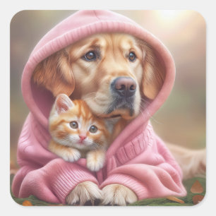 Adesivo Quadrado Retriever ouro e Kitty em Hoodie Rosa